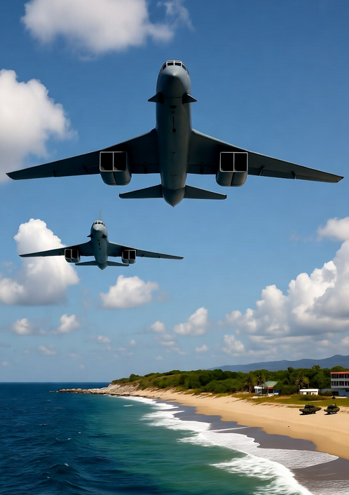 Imagen de  BREAKING: Two U.S. B-1B Lancer bombers spotted just 80 km off Venezuela s coast in the Caribbean, signaling a possible show of force. Tensions rise as military activity intensifies. <a href="../../buscar/Venezuela/1">#Venezuela</a> <a href="../../buscar/USMilitary/1">#USMilitary</a> <a href="../../buscar/BreakingNews/1">#BreakingNews</a>

